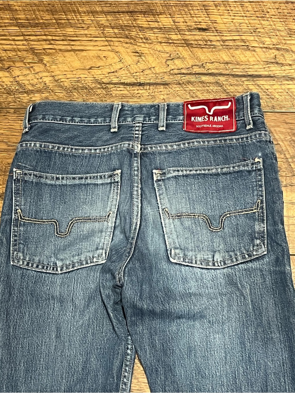 Kimes Ranch Men's Faded Blue Straight Jeans with Branded Red Patch